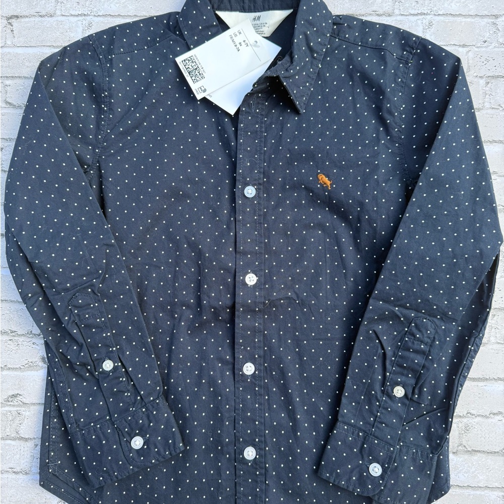 H&M Blue Casual Button Down Shirt with Dot Pattern NWT